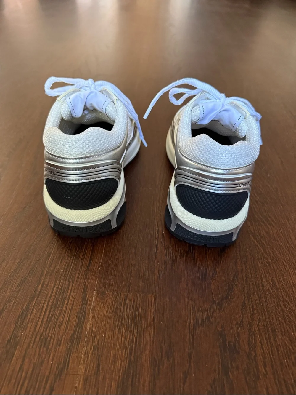 CHANEL White and Silver Metallic Leather Mesh Sneakers - Trainers - 37